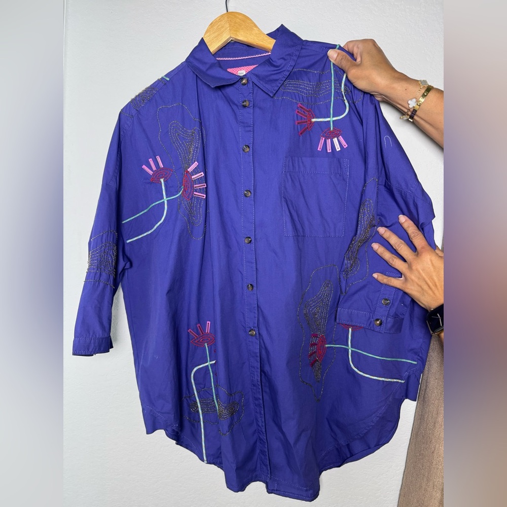 Anthropologie Embroidered Blue Button-Up Shirt
